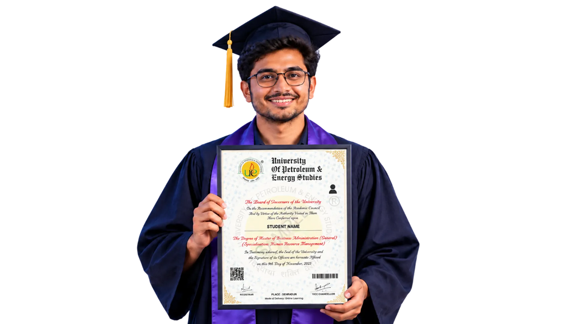 An MBA graduate holding a UPES Online degree certificate